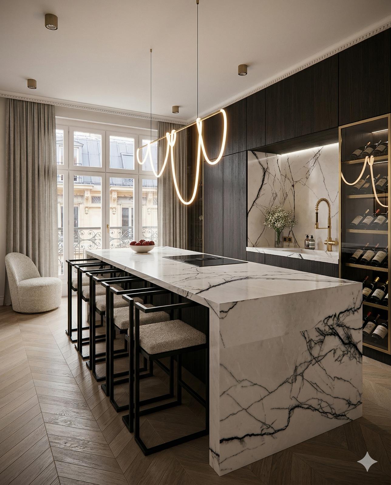 Cuisine en marbre et bois sombre du projet Courcelles